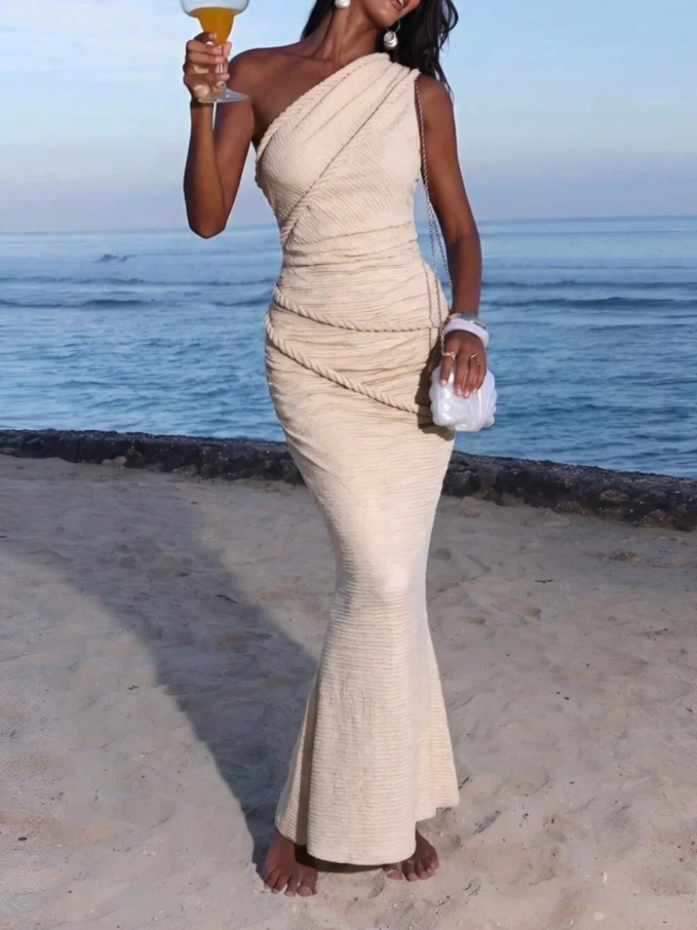 Cream Textured Knit One-Shoulder Rope Appliqué Draped Mermaid Maxi Dress